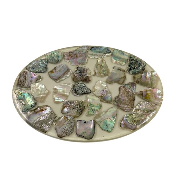 Large Abalone Sea Shell Lucite Footed Trivet Oval Vintage 1960s MCM Made USA - Picture 1 of 4